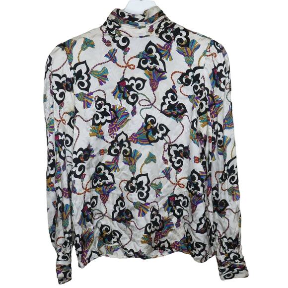 Vintage Adrianna Papell Silk High Neck Blouse Tassel Pattern - Women's Size 4 - Picture 1 of 7
